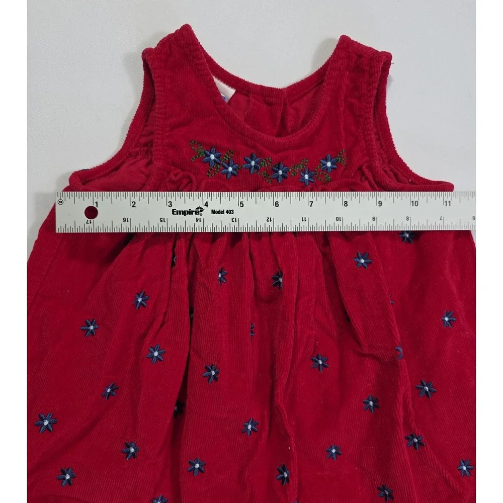 Vintage Alexis Baby Girls Red Corduroy Dress Floral Embroidered Size 12M